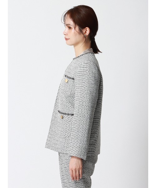 SUIT SQUARE（スーツスクエア）の「フリンジジャケット ノーカラー ハンドウォッシュ ツイード 織柄（ノーカラージャケット・レディース・ネイビー/ホワイト・36(7号)/38(9号)/40(11号)）」の8枚目の写真