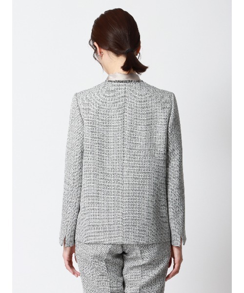 SUIT SQUARE（スーツスクエア）の「フリンジジャケット ノーカラー ハンドウォッシュ ツイード 織柄（ノーカラージャケット・レディース・ネイビー/ホワイト・36(7号)/38(9号)/40(11号)）」の9枚目の写真