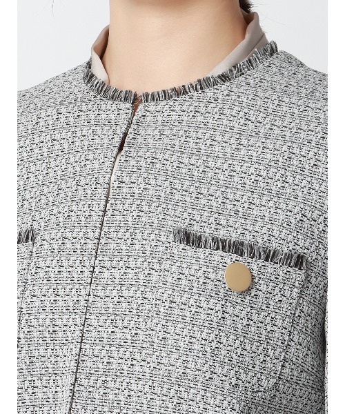 SUIT SQUARE（スーツスクエア）の「フリンジジャケット ノーカラー ハンドウォッシュ ツイード 織柄（ノーカラージャケット・レディース・ネイビー/ホワイト・36(7号)/38(9号)/40(11号)）」の11枚目の写真