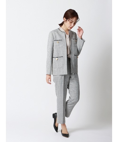 SUIT SQUARE（スーツスクエア）の「フリンジジャケット ノーカラー ハンドウォッシュ ツイード 織柄（ノーカラージャケット・レディース・ネイビー/ホワイト・36(7号)/38(9号)/40(11号)）」の3枚目の写真