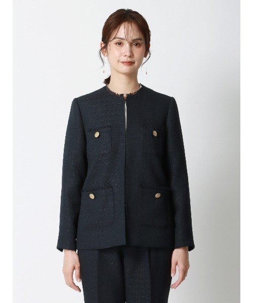 SUIT SQUARE（スーツスクエア）の「フリンジジャケット ノーカラー ハンドウォッシュ ツイード 織柄（ノーカラージャケット・レディース・ネイビー/ホワイト・36(7号)/38(9号)/40(11号)）」の14枚目の写真