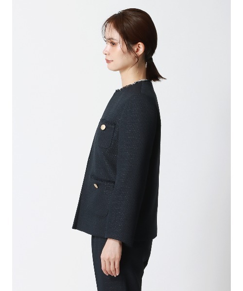 SUIT SQUARE（スーツスクエア）の「フリンジジャケット ノーカラー ハンドウォッシュ ツイード 織柄（ノーカラージャケット・レディース・ネイビー/ホワイト・36(7号)/38(9号)/40(11号)）」の15枚目の写真