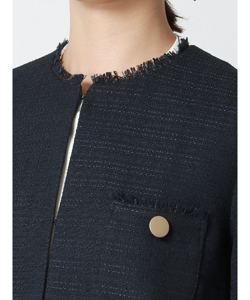 SUIT SQUARE（スーツスクエア）の「フリンジジャケット ノーカラー ハンドウォッシュ ツイード 織柄（ノーカラージャケット・レディース・ネイビー/ホワイト・36(7号)/38(9号)/40(11号)）」の18枚目の写真