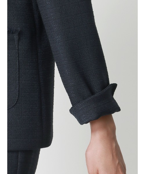 SUIT SQUARE（スーツスクエア）の「フリンジジャケット ノーカラー ハンドウォッシュ ツイード 織柄（ノーカラージャケット・レディース・ネイビー/ホワイト・36(7号)/38(9号)/40(11号)）」の19枚目の写真