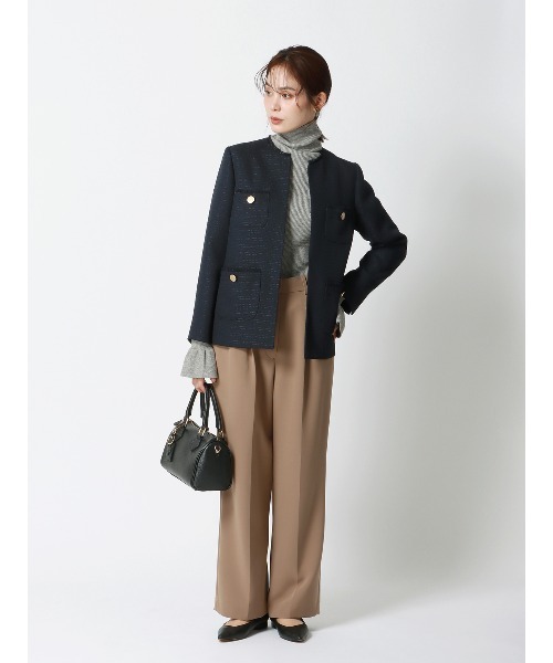 SUIT SQUARE（スーツスクエア）の「フリンジジャケット ノーカラー ハンドウォッシュ ツイード 織柄（ノーカラージャケット・レディース・ネイビー/ホワイト・36(7号)/38(9号)/40(11号)）」の6枚目の写真