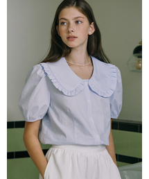Ruffle Collar Stripe Blouse - Blue