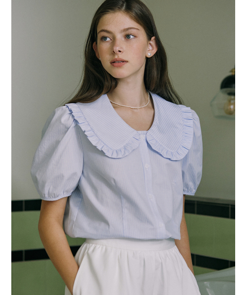 NONLOCAL(ノンローカル)の「Ruffle Collar Stripe Blouse - Blue(シャツ/ブラウス・レディース・その他・FREE)」の1枚目の写真