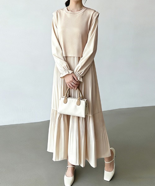 セール】プリーツワンピース×バックリボンベストセット（ワンピース