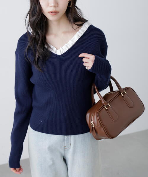 FREE'S MART(フリーズマート)の「◆【RIO企画】フリルドッキングVネックニット〈MFM〉(ニット/セーター・レディース・ネイビー/イエロー/グレー・FREE)」の1枚目の写真