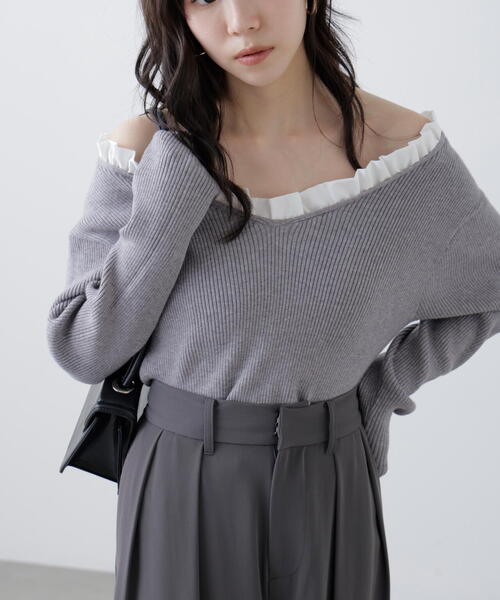 FREE'S MART(フリーズマート)の「◆【RIO企画】フリルドッキングVネックニット〈MFM〉(ニット/セーター・レディース・ネイビー/イエロー/グレー・FREE)」の6枚目の写真