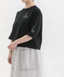 USコットンフラワー刺繍5分袖Tシャツ