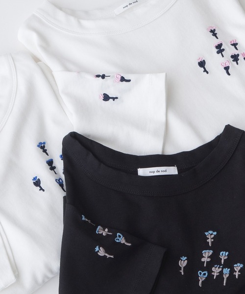 nop de nod(ノップドゥノッド)の「USコットンフラワー刺繍5分袖Tシャツ(Tシャツ/カットソー・レディース・オフホワイト/ライトピンク/ブラック・3)」の13枚目の写真