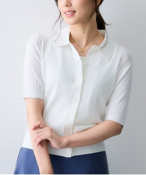 7days Life Styling(セブンデイズライフスタイリング)の「【接触冷感】リブニットポロカーディガン(UVカット・毛玉になりにくい・遮熱)(カーディガン/ボレロ・レディース・ブラック/オフホワイト/杢グレー・3L/LL/L/M/S)」の1枚目の写真