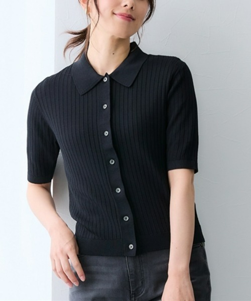 7days Life Styling(セブンデイズライフスタイリング)の「【接触冷感】リブニットポロカーディガン(UVカット・毛玉になりにくい・遮熱)(カーディガン/ボレロ・レディース・ブラック/オフホワイト/杢グレー・3L/LL/L/M/S)」の2枚目の写真