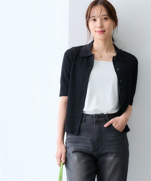 7days Life Styling(セブンデイズライフスタイリング)の「【接触冷感】リブニットポロカーディガン(UVカット・毛玉になりにくい・遮熱)(カーディガン/ボレロ・レディース・ブラック/オフホワイト/杢グレー・3L/LL/L/M/S)」の7枚目の写真