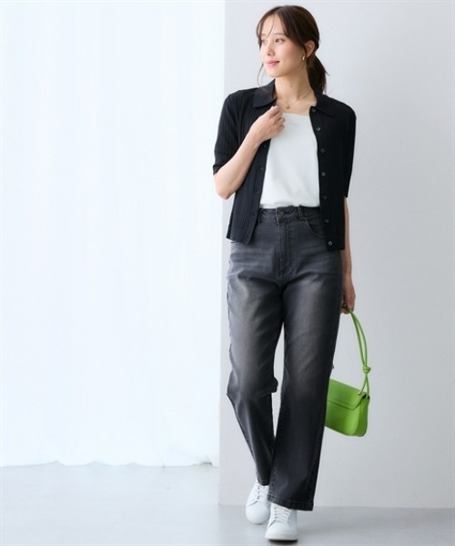 7days Life Styling(セブンデイズライフスタイリング)の「【接触冷感】リブニットポロカーディガン(UVカット・毛玉になりにくい・遮熱)(カーディガン/ボレロ・レディース・ブラック/オフホワイト/杢グレー・3L/LL/L/M/S)」の8枚目の写真