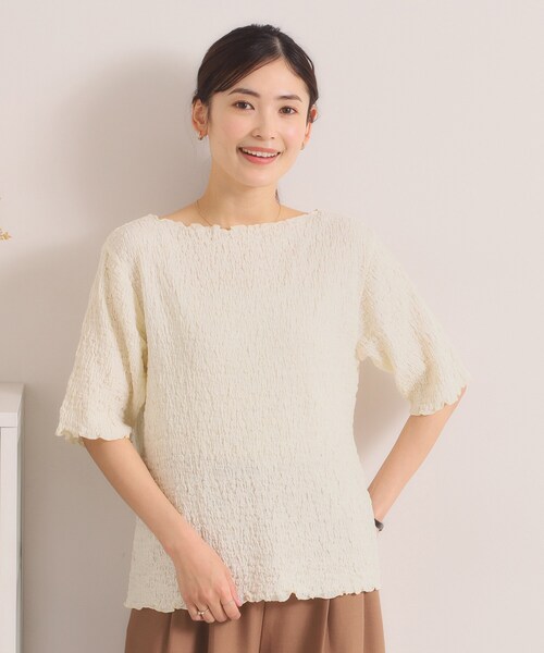 ITS'DEMO(イッツデモ)の「【手洗い可】シャーリング5分袖プルオーバー(Tシャツ/カットソー・レディース・オフホワイト/サックスブルー/ライトイエロー系・00)」の2枚目の写真