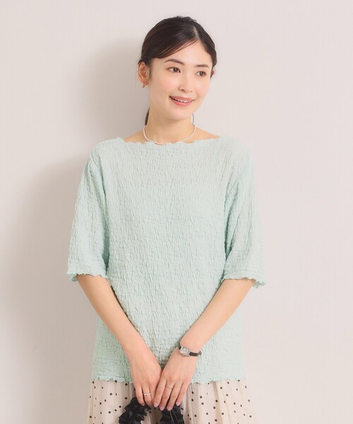 ITS'DEMO(イッツデモ)の「【手洗い可】シャーリング5分袖プルオーバー(Tシャツ/カットソー・レディース・オフホワイト/サックスブルー/ライトイエロー系・00)」の3枚目の写真