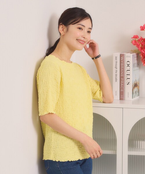 ITS'DEMO(イッツデモ)の「【手洗い可】シャーリング5分袖プルオーバー(Tシャツ/カットソー・レディース・オフホワイト/サックスブルー/ライトイエロー系・00)」の8枚目の写真