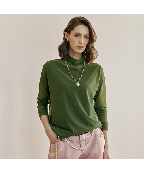 MAXZA(マージャコレクション)の「シースルーメッシュハイネック長袖Tシャツ(Tシャツ/カットソー・レディース・ベージュ/カーキ/ブルー・FREE)」の5枚目の写真