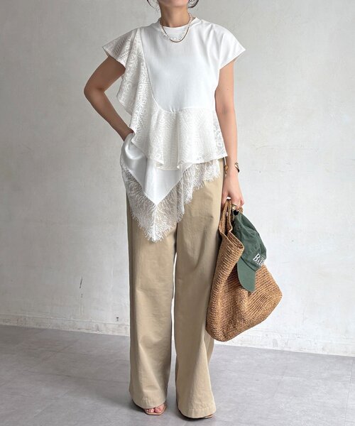 DouDou(ドゥドゥ)の「【WEB限定】レース異素材切替アシメトップス(Tシャツ/カットソー・レディース・オフホワイト/ブラック・FREE)」の10枚目の写真
