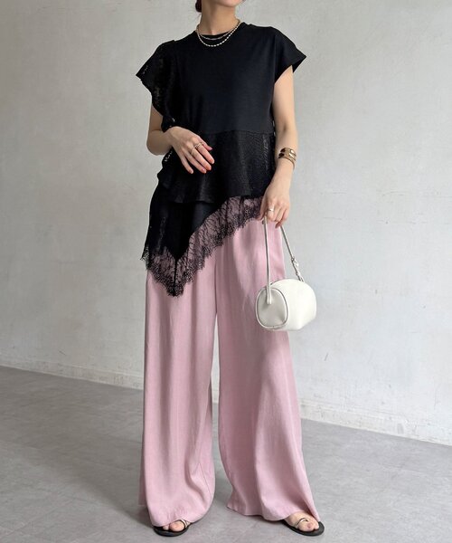 DouDou(ドゥドゥ)の「【WEB限定】レース異素材切替アシメトップス(Tシャツ/カットソー・レディース・オフホワイト/ブラック・FREE)」の18枚目の写真