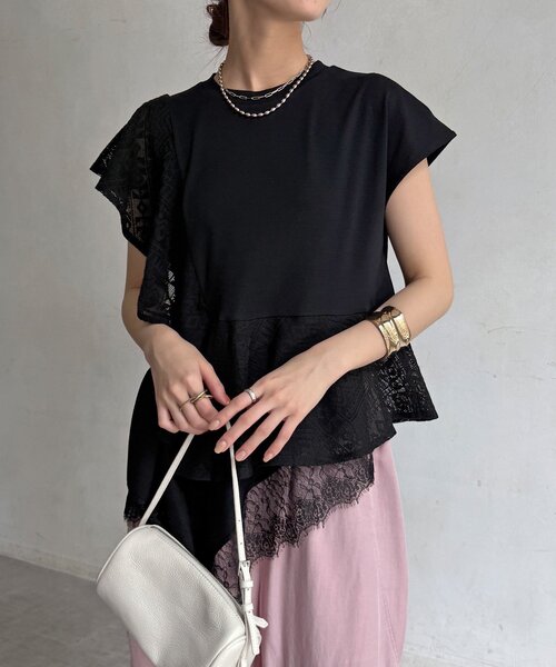 DouDou(ドゥドゥ)の「【WEB限定】レース異素材切替アシメトップス(Tシャツ/カットソー・レディース・オフホワイト/ブラック・FREE)」の14枚目の写真