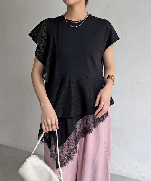 DouDou(ドゥドゥ)の「【WEB限定】レース異素材切替アシメトップス(Tシャツ/カットソー・レディース・オフホワイト/ブラック・FREE)」の13枚目の写真