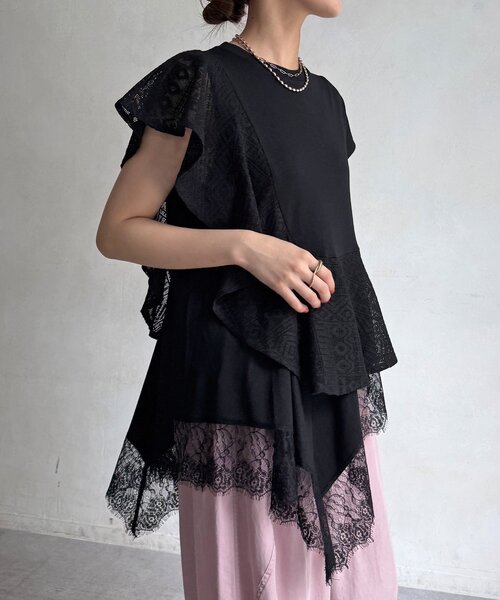 DouDou(ドゥドゥ)の「【WEB限定】レース異素材切替アシメトップス(Tシャツ/カットソー・レディース・オフホワイト/ブラック・FREE)」の12枚目の写真