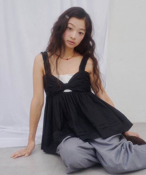 DISCOAT(ディスコート)の「【umm.】肩フリルリボンデザインキャミチュニック(シャツ/ブラウス・レディース・レモンイエロー/オフホワイト/ブラック・FREE)」の3枚目の写真