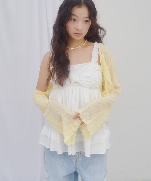 DISCOAT(ディスコート)の「【umm.】肩フリルリボンデザインキャミチュニック(シャツ/ブラウス・レディース・レモンイエロー/オフホワイト/ブラック・FREE)」の21枚目の写真