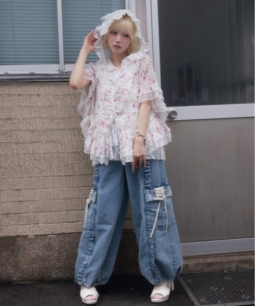 myu:loret(ミュウロレット)の「花柄フリルポンチョ(シャツ/ブラウス・レディース・ピンク/ホワイト・FREE)」の14枚目の写真