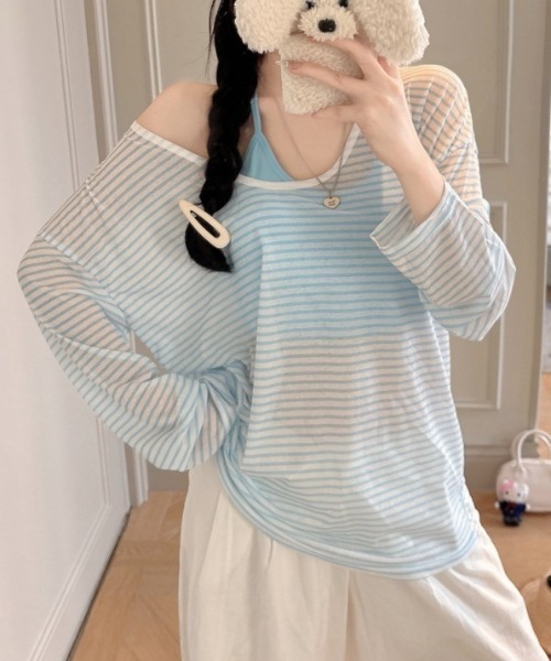 Ritzy(リッツィー)の「シアーボーダーロンT(Tシャツ/カットソー・レディース・イエロー/ブルー/ブラック/レッド・FREE)」の7枚目の写真