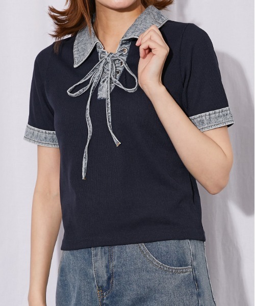GORGE(ゴージ)の「《デニム切替・レースアップ》カットソー/カジュアル×トレンド/春夏/全3色(Tシャツ/カットソー・レディース・ネイビー/オフホワイト/ブラック・F)」の3枚目の写真