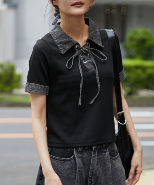 GORGE(ゴージ)の「《デニム切替・レースアップ》カットソー/カジュアル×トレンド/春夏/全3色(Tシャツ/カットソー・レディース・ネイビー/オフホワイト/ブラック・F)」の2枚目の写真
