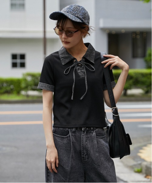 GORGE(ゴージ)の「《デニム切替・レースアップ》カットソー/カジュアル×トレンド/春夏/全3色(Tシャツ/カットソー・レディース・ネイビー/オフホワイト/ブラック・F)」の21枚目の写真