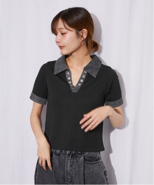 GORGE(ゴージ)の「《デニム切替・レースアップ》カットソー/カジュアル×トレンド/春夏/全3色(Tシャツ/カットソー・レディース・ネイビー/オフホワイト/ブラック・F)」の4枚目の写真