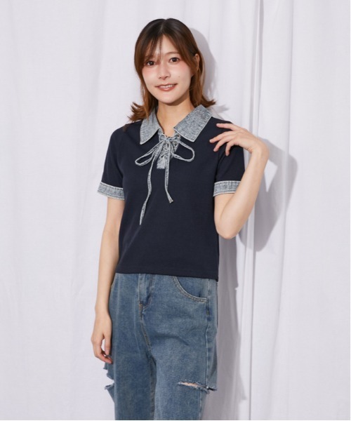 GORGE(ゴージ)の「《デニム切替・レースアップ》カットソー/カジュアル×トレンド/春夏/全3色(Tシャツ/カットソー・レディース・ネイビー/オフホワイト/ブラック・F)」の5枚目の写真