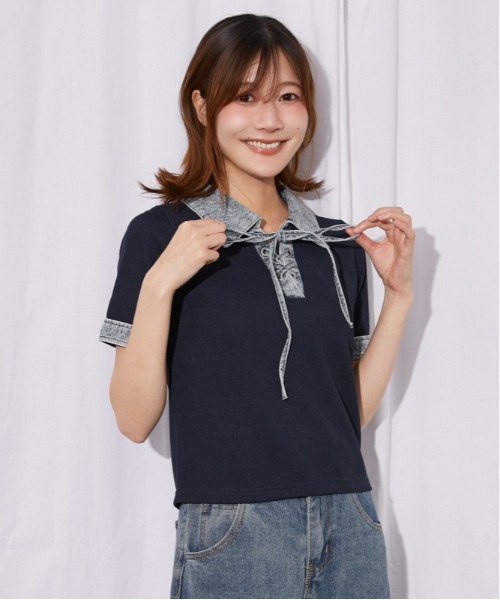 GORGE(ゴージ)の「《デニム切替・レースアップ》カットソー/カジュアル×トレンド/春夏/全3色(Tシャツ/カットソー・レディース・ネイビー/オフホワイト/ブラック・F)」の6枚目の写真