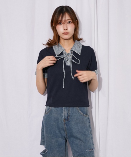 GORGE(ゴージ)の「《デニム切替・レースアップ》カットソー/カジュアル×トレンド/春夏/全3色(Tシャツ/カットソー・レディース・ネイビー/オフホワイト/ブラック・F)」の7枚目の写真