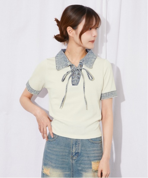 GORGE(ゴージ)の「《デニム切替・レースアップ》カットソー/カジュアル×トレンド/春夏/全3色(Tシャツ/カットソー・レディース・ネイビー/オフホワイト/ブラック・F)」の10枚目の写真