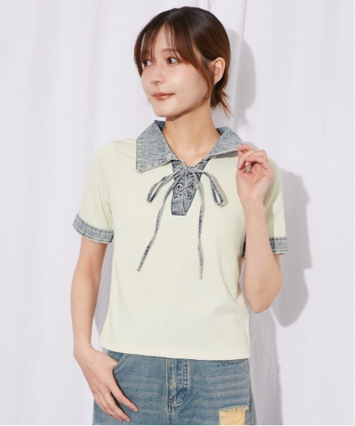 GORGE(ゴージ)の「《デニム切替・レースアップ》カットソー/カジュアル×トレンド/春夏/全3色(Tシャツ/カットソー・レディース・ネイビー/オフホワイト/ブラック・F)」の11枚目の写真