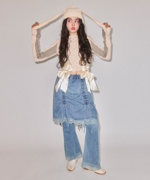 Candy Stripper(キャンディストリッパー)の「LINGERIE DENIM SKIRT パンツ(デニムパンツ・レディース・ブルー系その他/ブラック・FREE)」の4枚目の写真