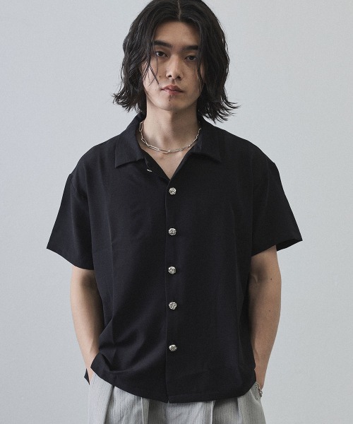 Metal Button Sheer Open-Collar Short Sleeve Shirt / メタルボタン