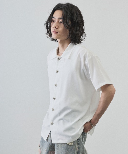 Shoowtime(ショウタイム)の「Metal Button Sheer Open-Collar Short Sleeve Shirt / メタルボタンシアーオープンカラー半袖シャツ(シャツ/ブラウス・メンズ・ホワイト/ブラック・MEDIUM/LARGE/X-LARGE)」の6枚目の写真