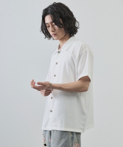 Shoowtime(ショウタイム)の「Metal Button Sheer Open-Collar Short Sleeve Shirt / メタルボタンシアーオープンカラー半袖シャツ(シャツ/ブラウス・メンズ・ホワイト/ブラック・MEDIUM/LARGE/X-LARGE)」の7枚目の写真