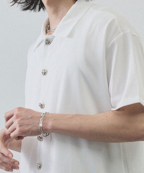 Shoowtime(ショウタイム)の「Metal Button Sheer Open-Collar Short Sleeve Shirt / メタルボタンシアーオープンカラー半袖シャツ(シャツ/ブラウス・メンズ・ホワイト/ブラック・MEDIUM/LARGE/X-LARGE)」の8枚目の写真