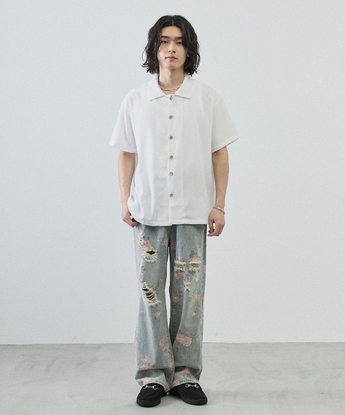 Shoowtime(ショウタイム)の「Metal Button Sheer Open-Collar Short Sleeve Shirt / メタルボタンシアーオープンカラー半袖シャツ(シャツ/ブラウス・メンズ・ホワイト/ブラック・MEDIUM/LARGE/X-LARGE)」の9枚目の写真