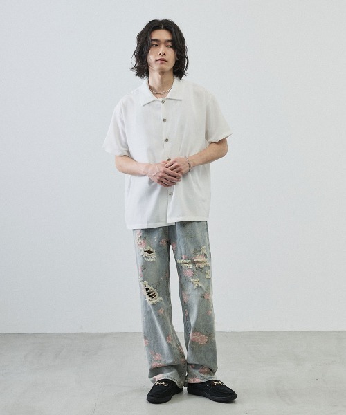 Shoowtime(ショウタイム)の「Metal Button Sheer Open-Collar Short Sleeve Shirt / メタルボタンシアーオープンカラー半袖シャツ(シャツ/ブラウス・メンズ・ホワイト/ブラック・MEDIUM/LARGE/X-LARGE)」の10枚目の写真