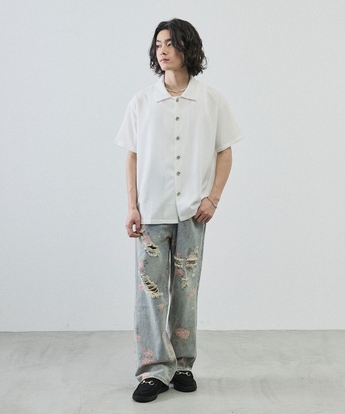 Shoowtime(ショウタイム)の「Metal Button Sheer Open-Collar Short Sleeve Shirt / メタルボタンシアーオープンカラー半袖シャツ(シャツ/ブラウス・メンズ・ホワイト/ブラック・MEDIUM/LARGE/X-LARGE)」の11枚目の写真